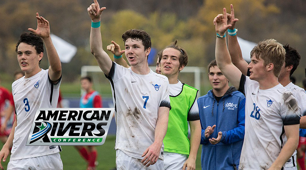 Luther men's soccer players hold up one finger.